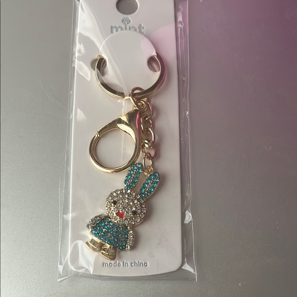 Mint Gold and Blue Bunny Keychain